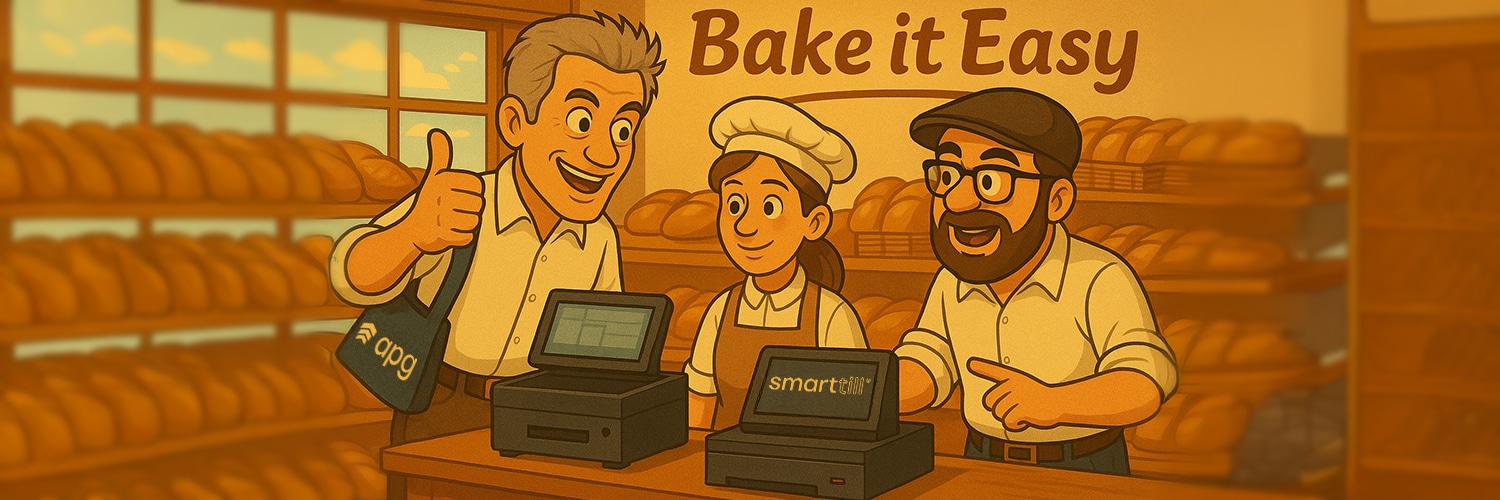 Illustration of two friendly APG team members, Jef and Ian, known as Thelma & Louise, visiting retail shops during their road trip to meet store owners, managers, and cashiers, discussing real-world challenges and cash management solutions.