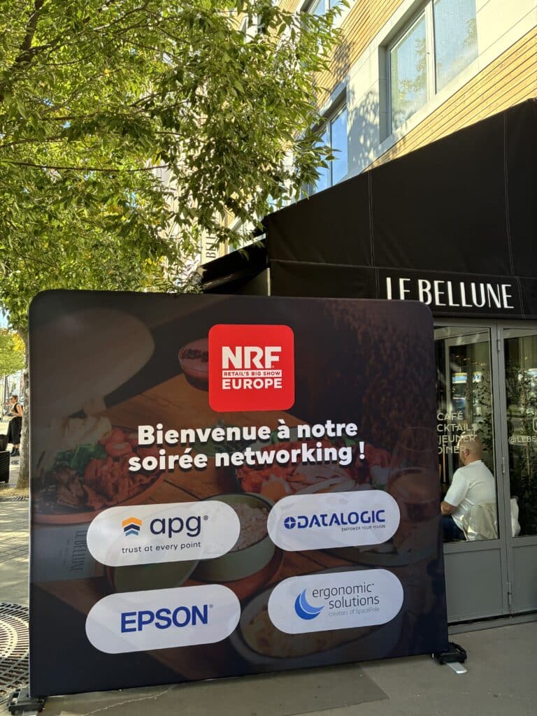 Retail technology partners networking during NRF Europe 2026 , Datalogic, Epson France, Ergonomic Solutions and apg Solutions